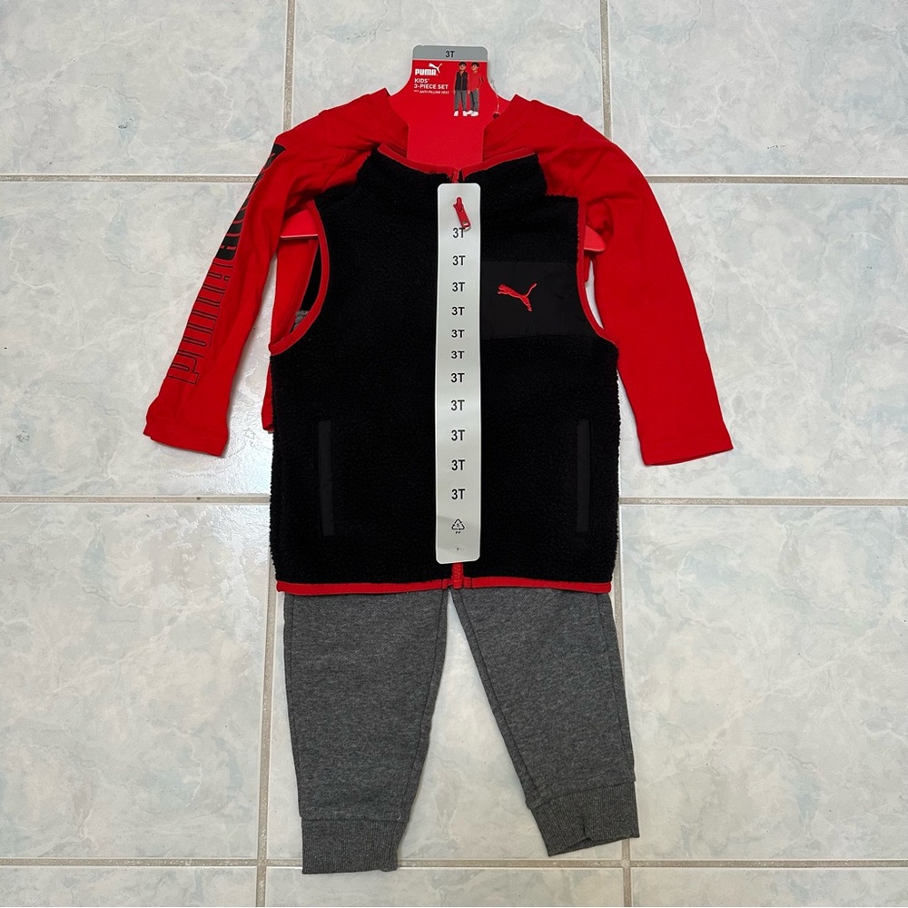 NWT PUMA Kids' 3-piece Red and Black Fleece Vest Set Size 3T - Picture 2 of 8
